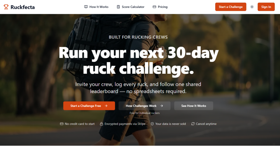 Screenshot of the Ruckfecta homepage promoting 30-day ruck challenges for teams