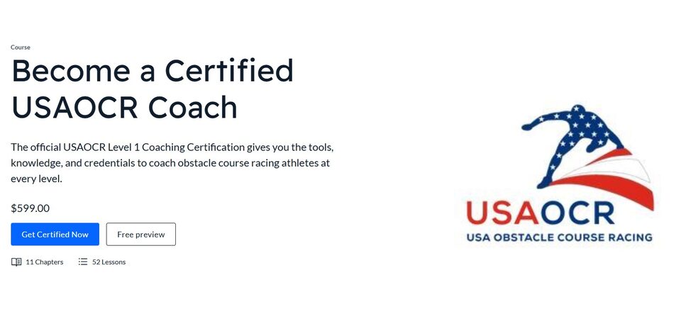 Course cover graphic for the USAOCR Level 1 Coaching Certification, the official obstacle course racing coach credential